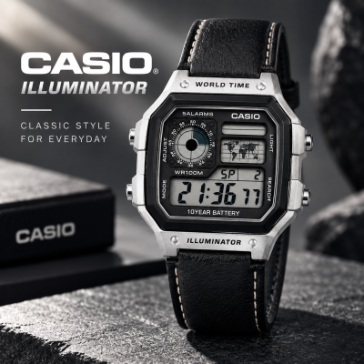Casio Illuminator Vintage Digital Leather Strap Watch – World Map Display, Long Battery Life, Water Resistant, Formal & Casual Wristwatch with Premium Gift Box & Extra Batteries
